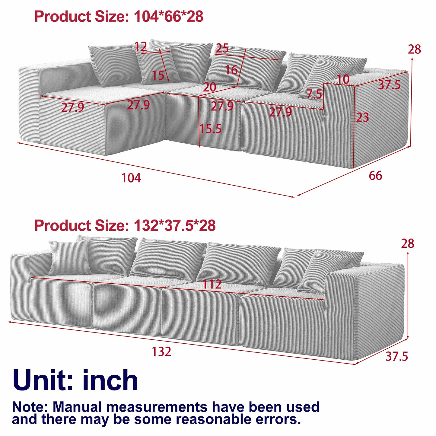 Modern Corduroy Modular L-Shaped Sectional Sofa Set 4-Piece Free Combination Floor Couch for Living Room Bedroom
