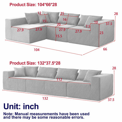 Modern Corduroy Modular L-Shaped Sectional Sofa Set 4-Piece Free Combination Floor Couch for Living Room Bedroom