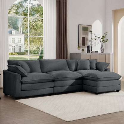Modern Corduroy Modular Sectional Sofa Deep Seat 3-Seater Sofa Couch with Ottoman for Living Room