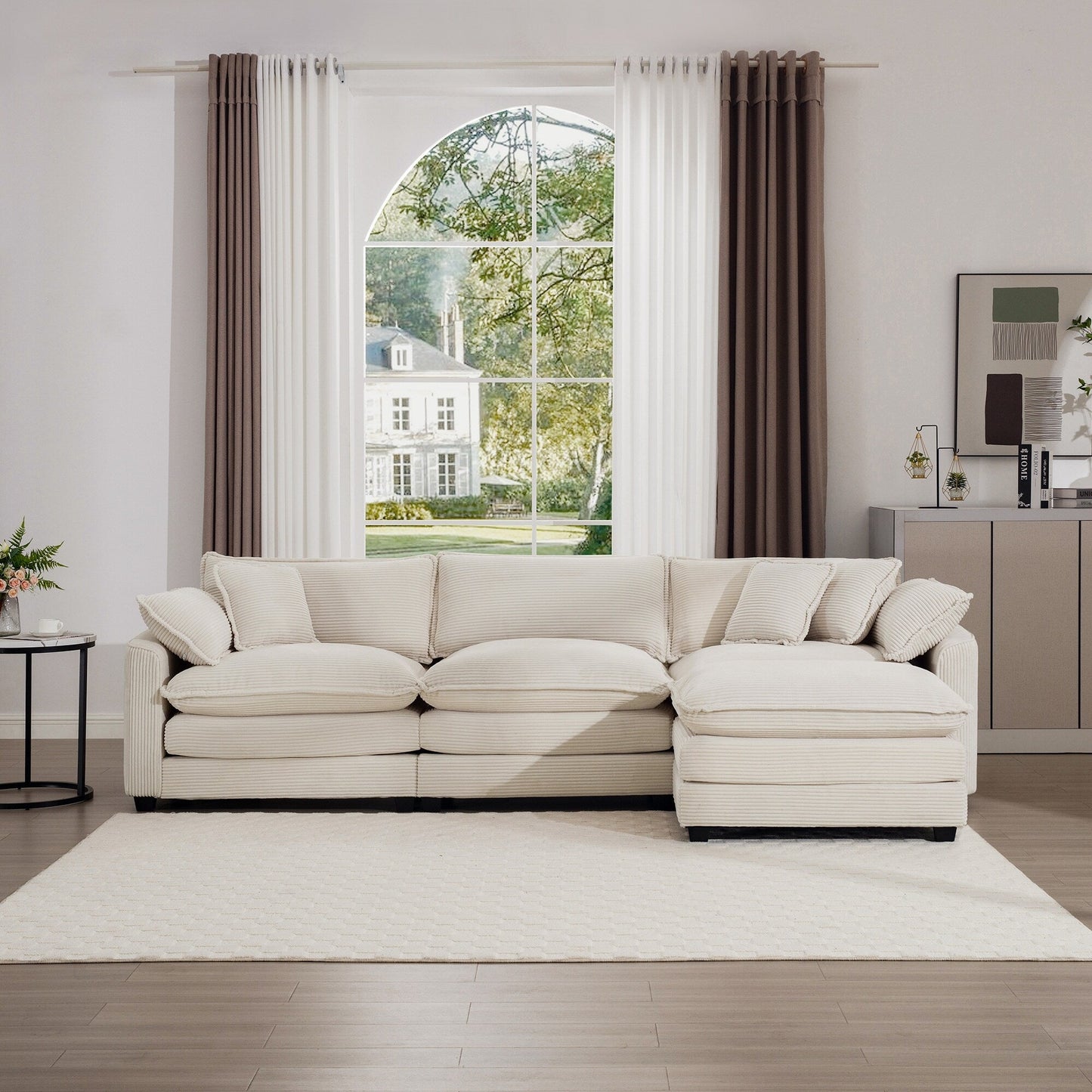 Modern Corduroy Modular Sectional Sofa Deep Seat 3-Seater Sofa Couch with Ottoman for Living Room