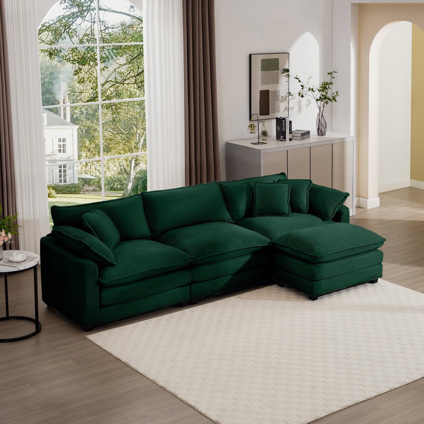 Modern Corduroy Modular Sectional Sofa Deep Seat 3-Seater Sofa Couch with Ottoman for Living Room