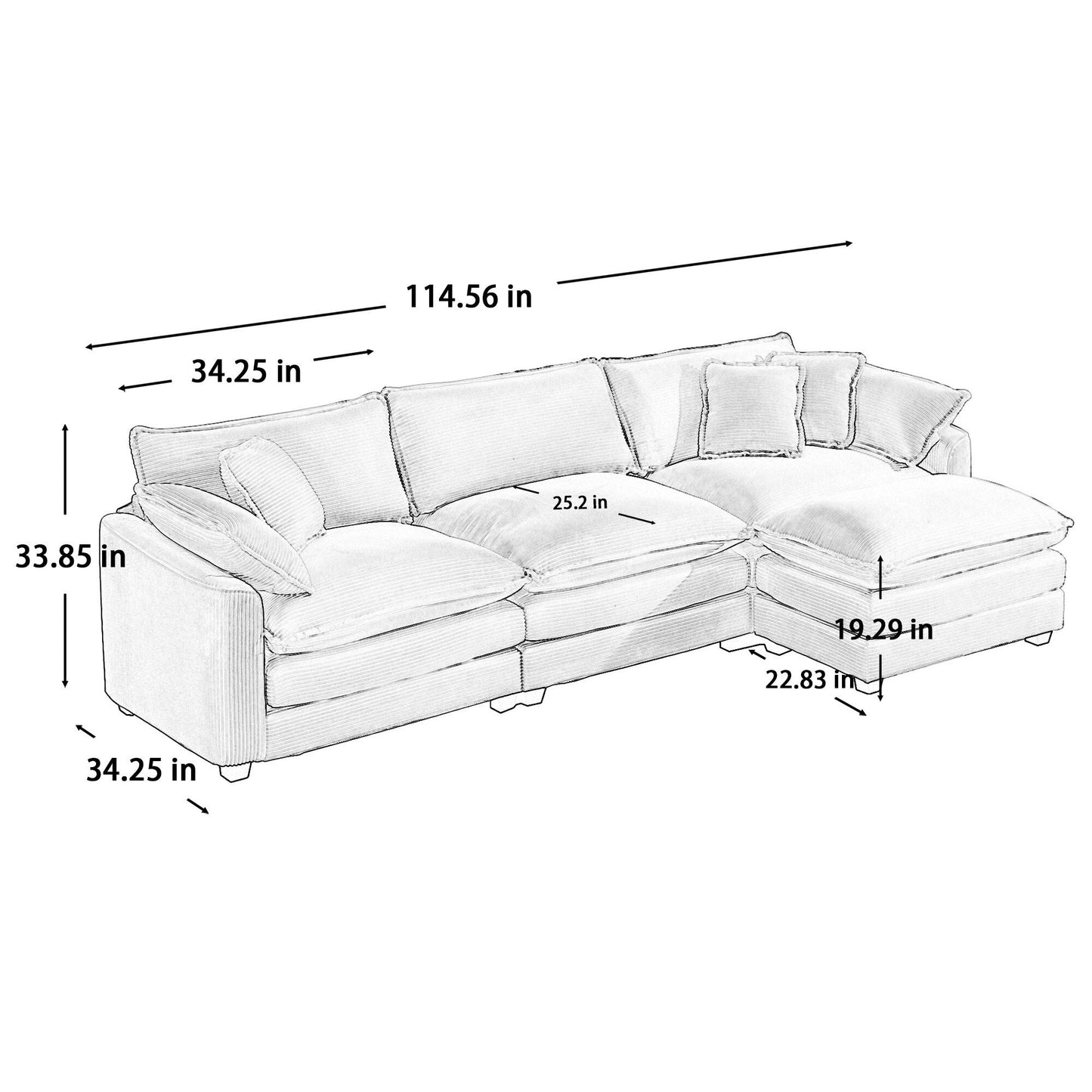 Modern Corduroy Modular Sectional Sofa Deep Seat 3-Seater Sofa Couch with Ottoman for Living Room
