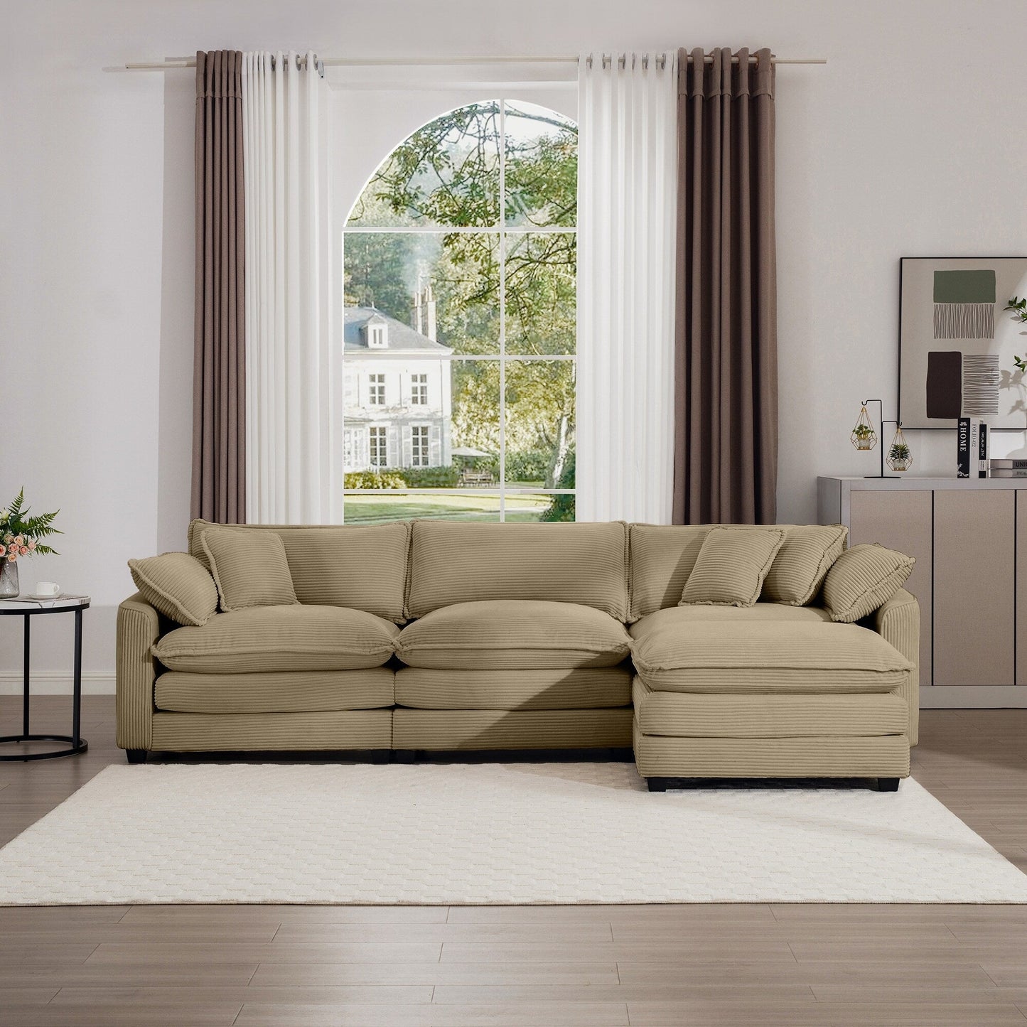 Modern Corduroy Modular Sectional Sofa Deep Seat 3-Seater Sofa Couch with Ottoman for Living Room