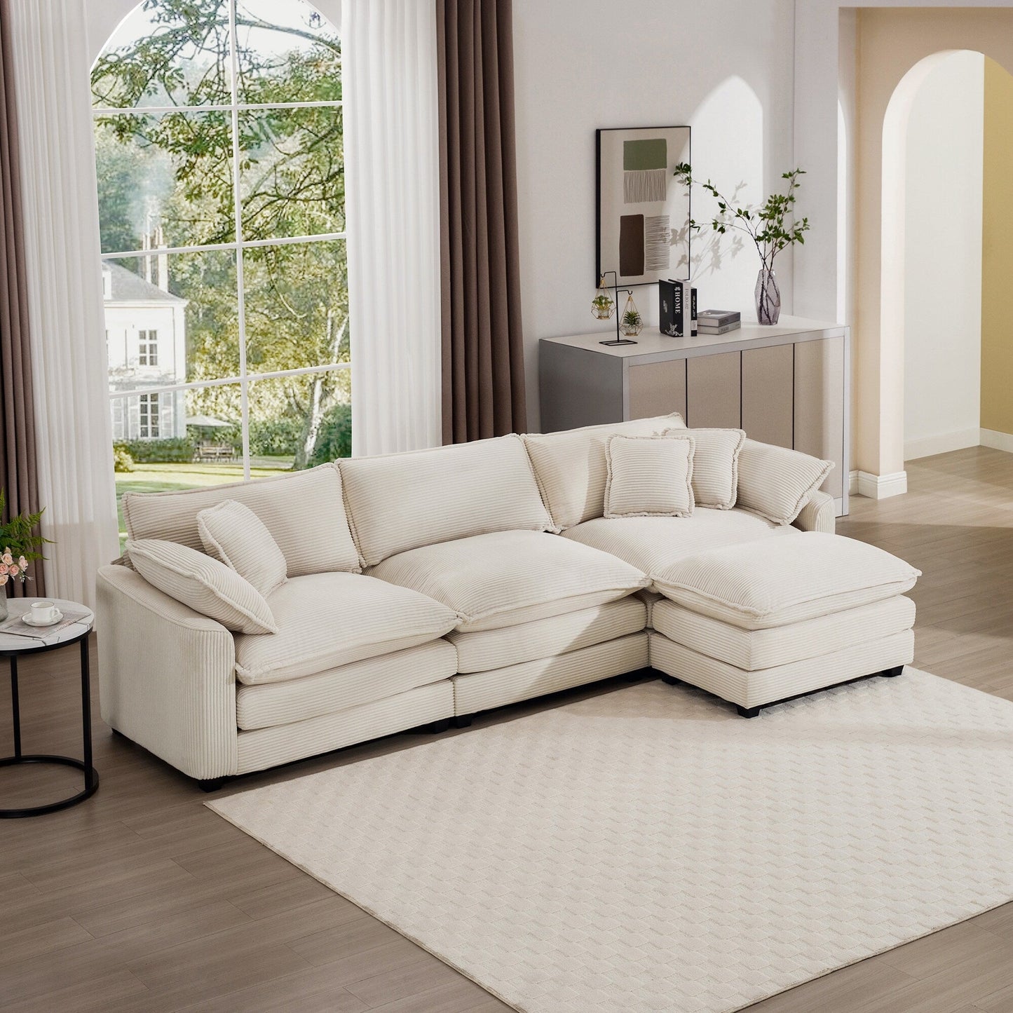 Modern Corduroy Modular Sectional Sofa Deep Seat 3-Seater Sofa Couch with Ottoman for Living Room
