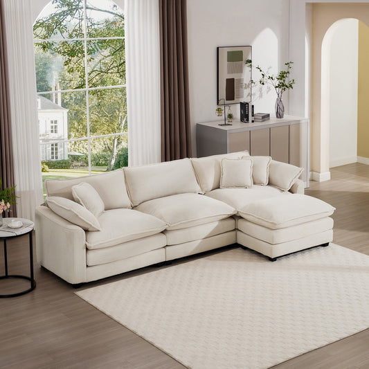 Modern Corduroy Modular Sectional Sofa Deep Seat 3-Seater Sofa Couch with Ottoman for Living Room
