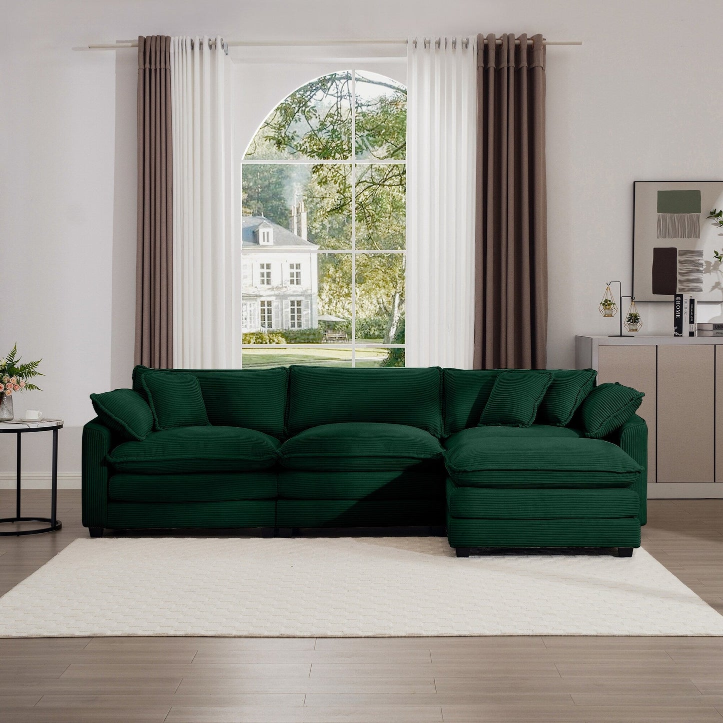 Modern Corduroy Modular Sectional Sofa Deep Seat 3-Seater Sofa Couch with Ottoman for Living Room
