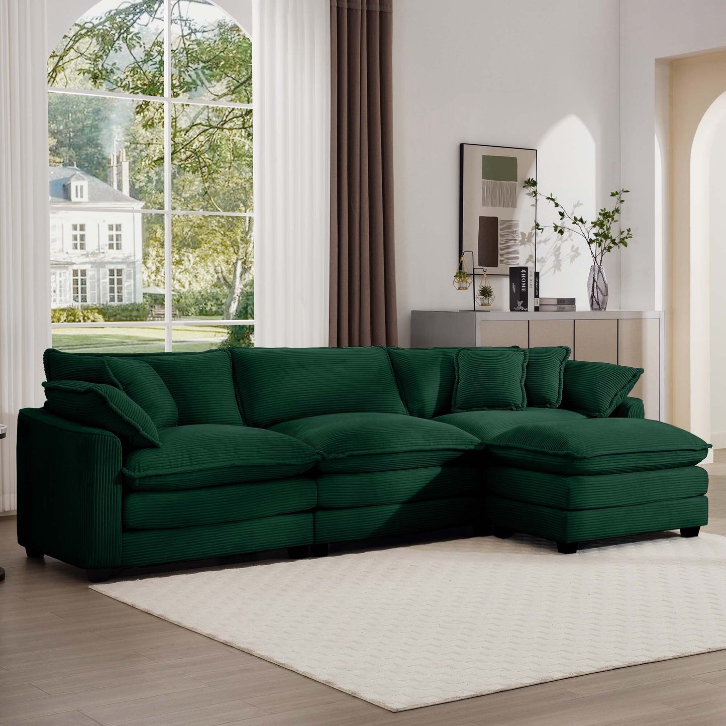 Modern Corduroy Modular Sectional Sofa Deep Seat 3-Seater Sofa Couch with Ottoman for Living Room