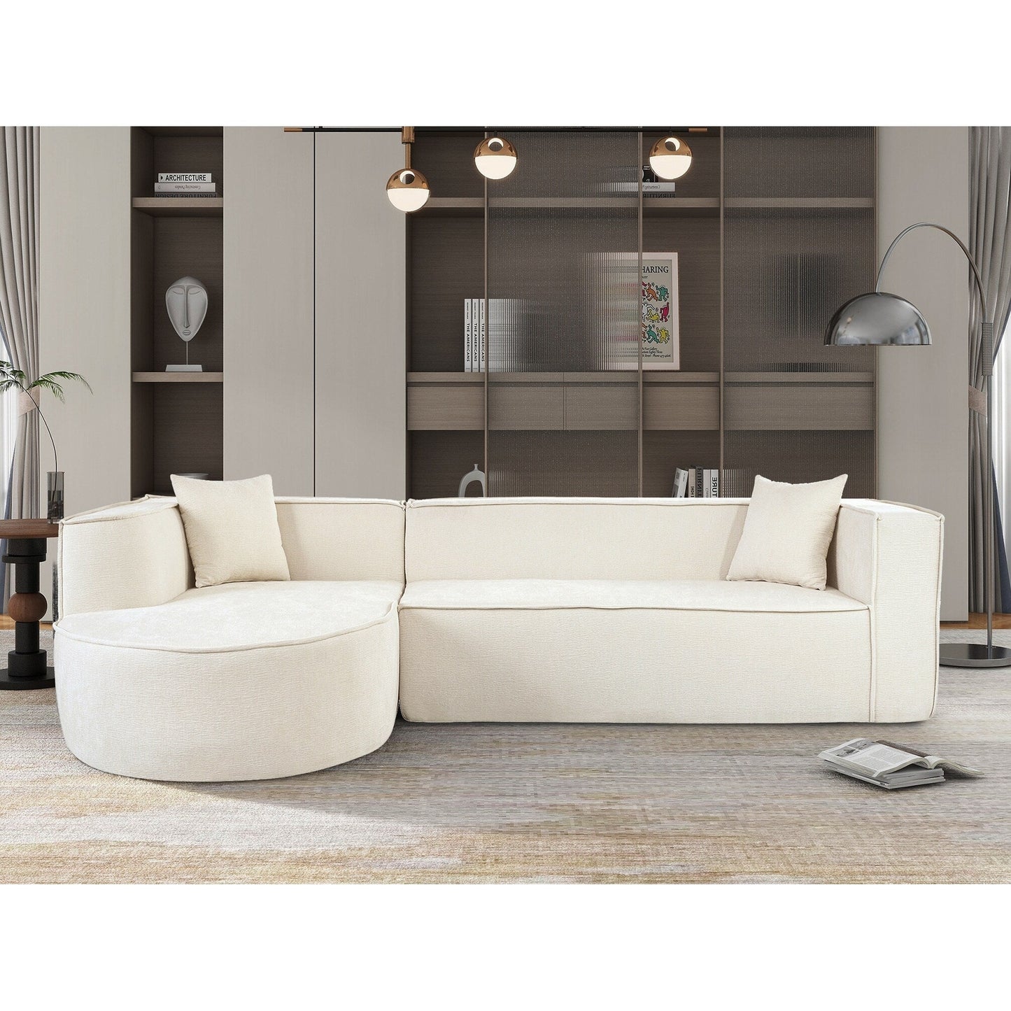 Modern Curved Chenille Sectional Sofa Modular L-Shaped Couch with 2 Pillows for Living Room Study