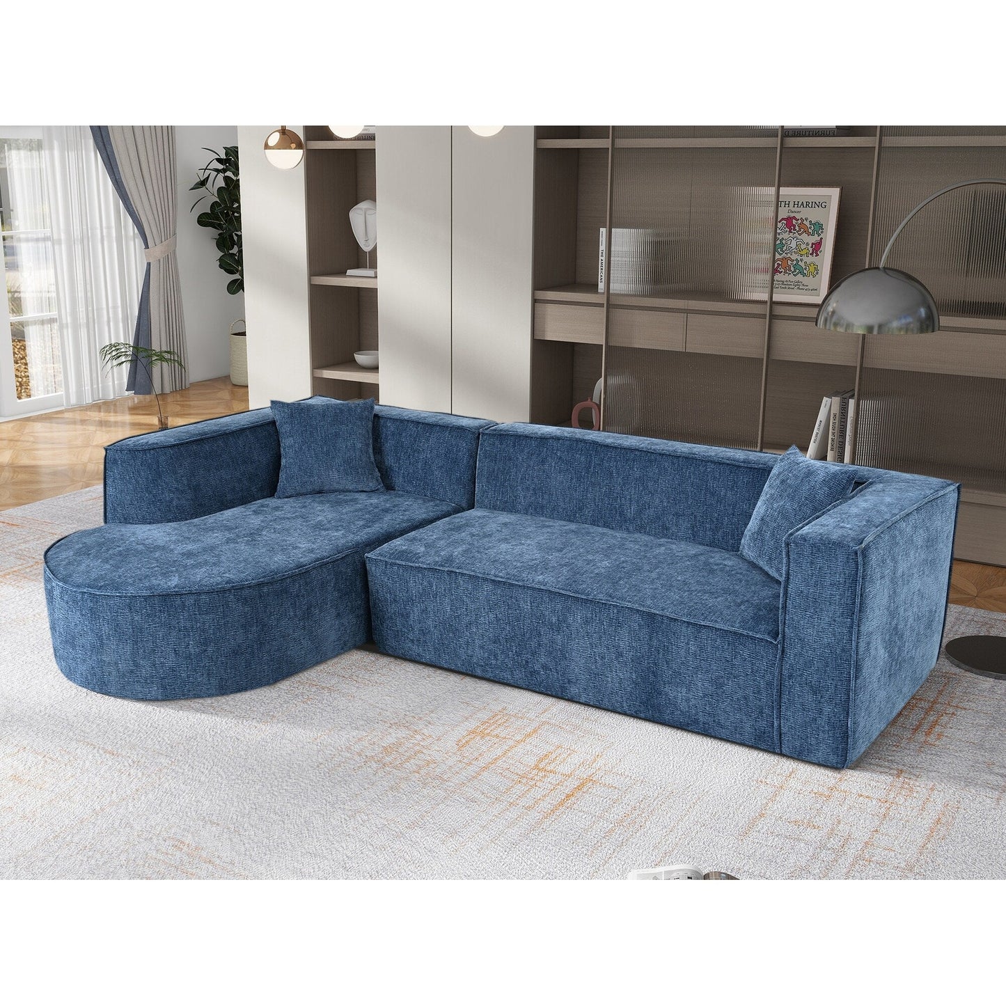 Modern Curved Chenille Sectional Sofa Modular L-Shaped Couch with 2 Pillows for Living Room Study