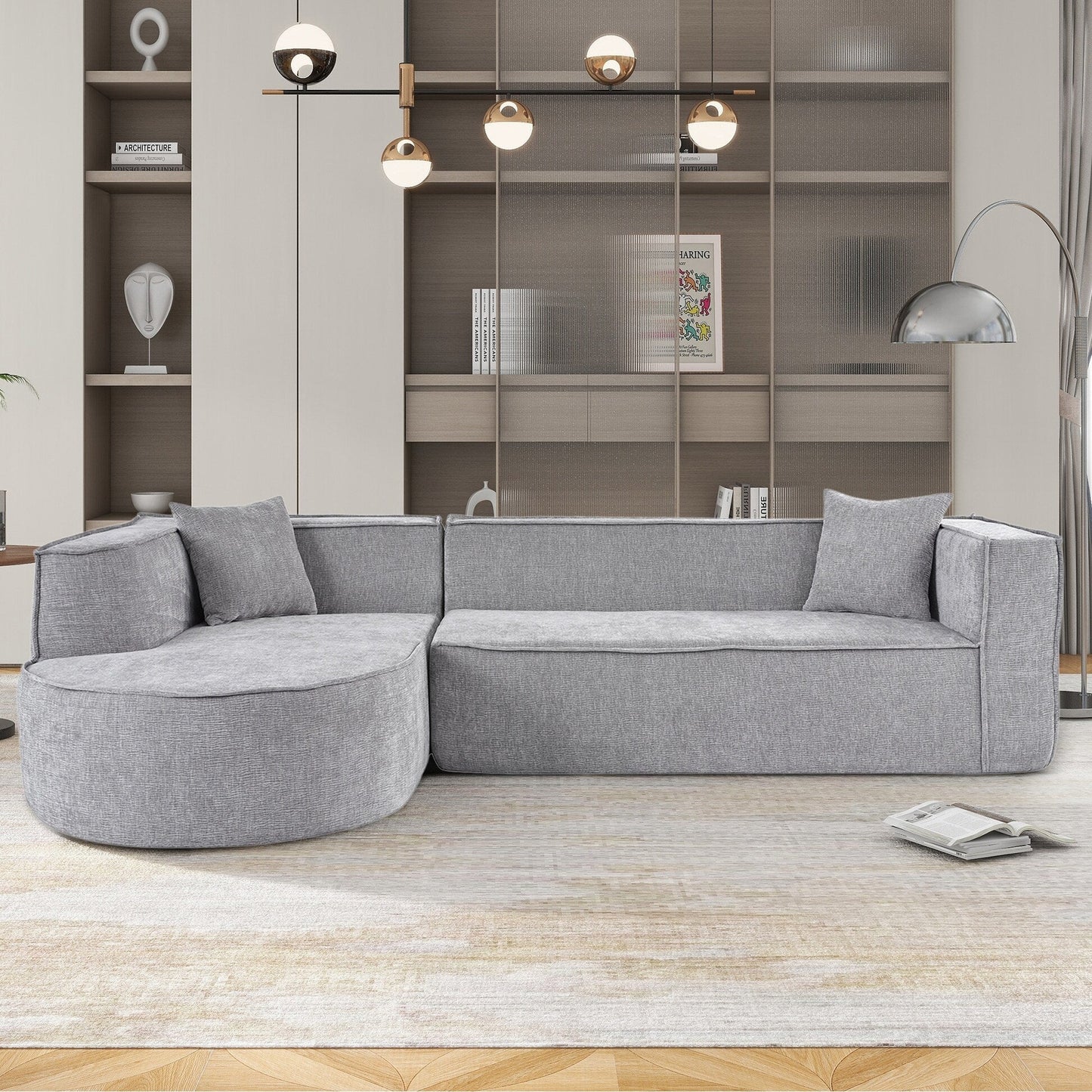 Modern Curved Chenille Sectional Sofa Modular L-Shaped Couch with 2 Pillows for Living Room Study