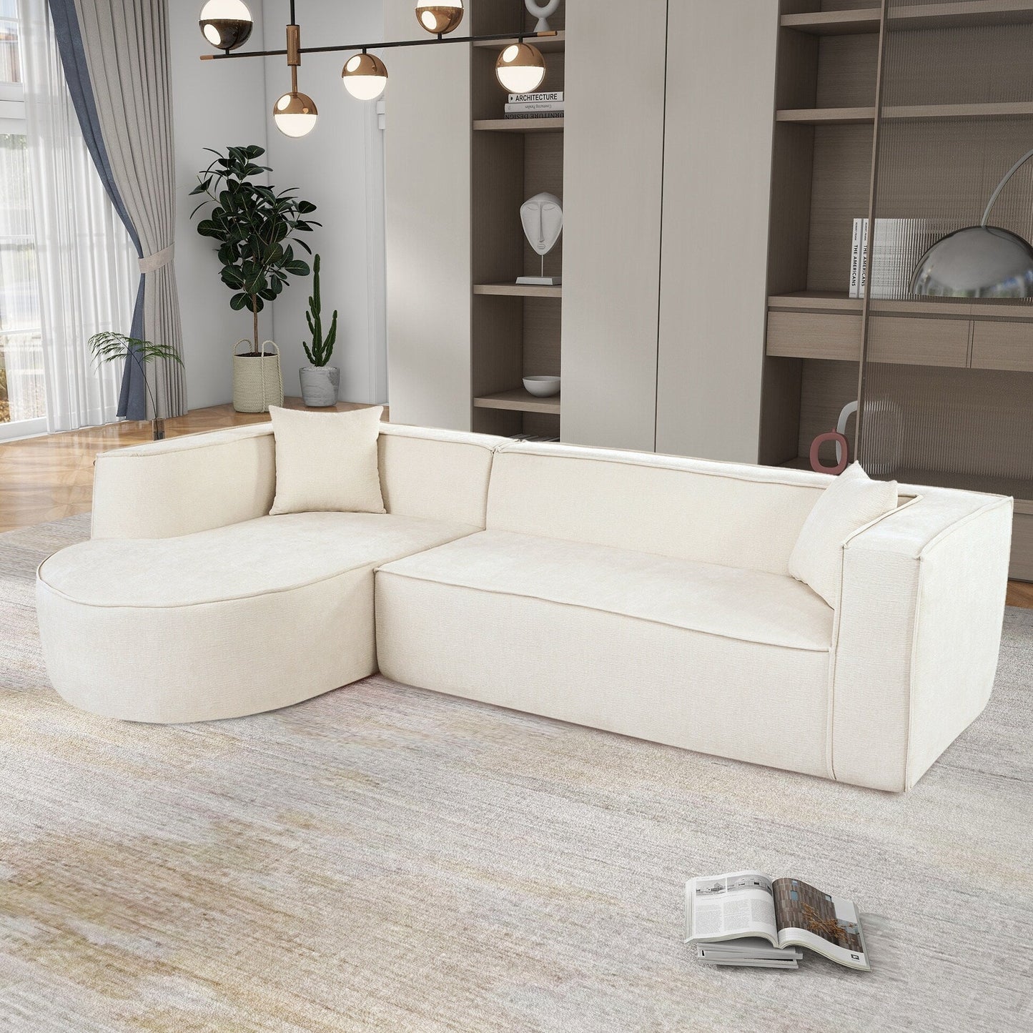 Modern Curved Chenille Sectional Sofa Modular L-Shaped Couch with 2 Pillows for Living Room Study