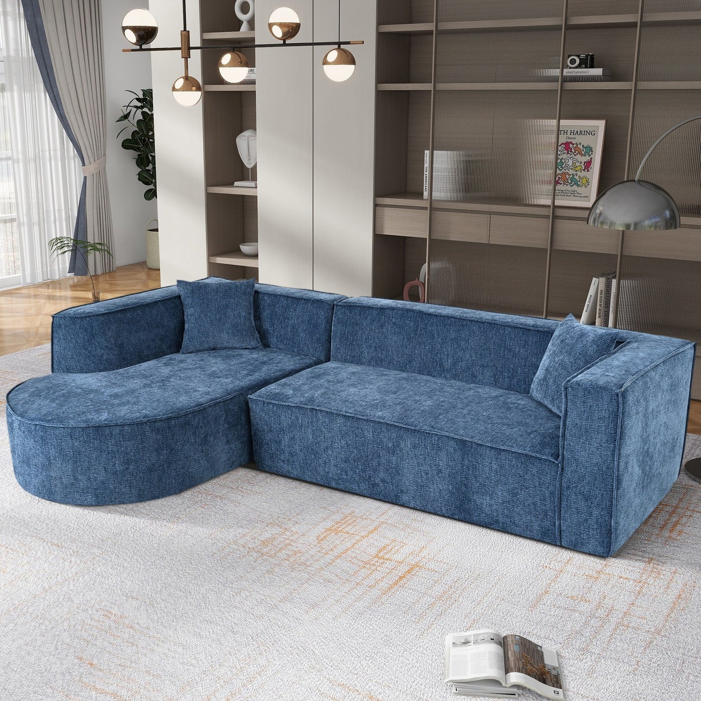 Modern Curved Chenille Sectional Sofa Modular L-Shaped Couch with 2 Pillows for Living Room Study