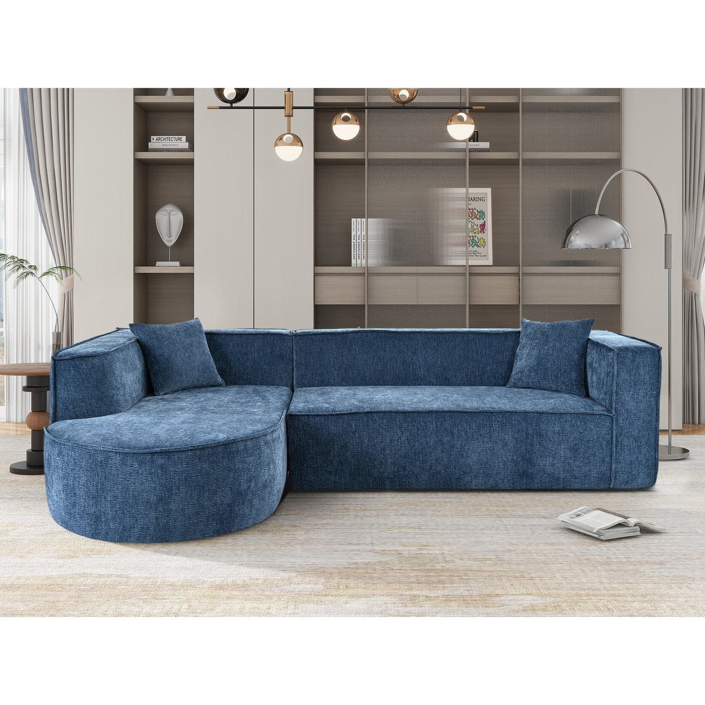 Modern Curved Chenille Sectional Sofa Modular L-Shaped Couch with 2 Pillows for Living Room Study