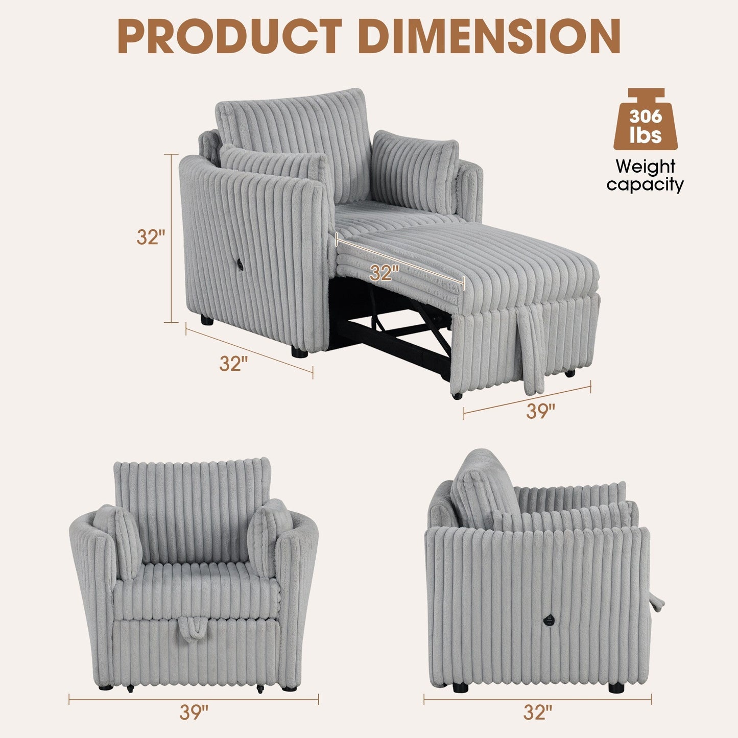 Modern Fabric Sleeper Single Sofa with USB and 2 pillows