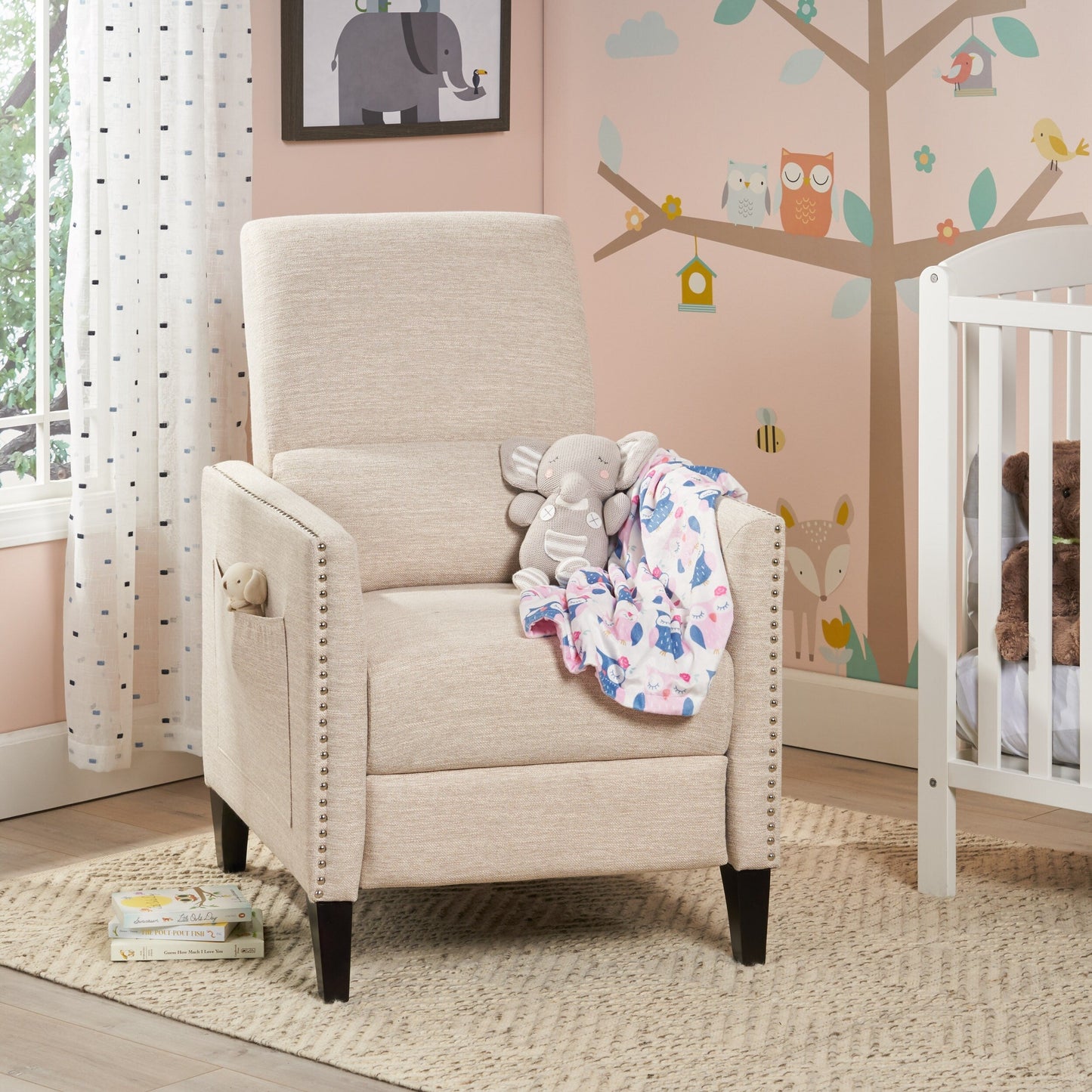 Modern Fabric Upholstered Push-Back Recliner with Footrest, Nailhead Accents, Birch Wood Legs