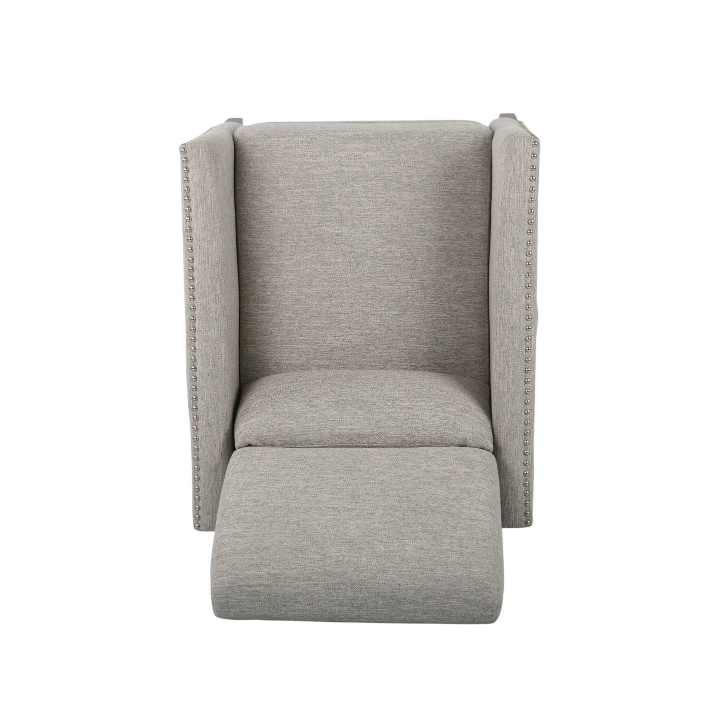 Modern Fabric Upholstered Push-Back Recliner with Footrest, Nailhead Accents, Birch Wood Legs