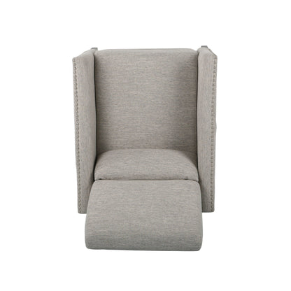 Modern Fabric Upholstered Push-Back Recliner with Footrest, Nailhead Accents, Birch Wood Legs