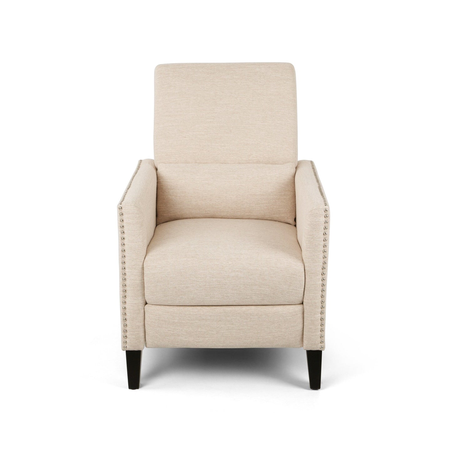 Modern Fabric Upholstered Push-Back Recliner with Footrest, Nailhead Accents, Birch Wood Legs