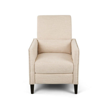 Modern Fabric Upholstered Push-Back Recliner with Footrest, Nailhead Accents, Birch Wood Legs