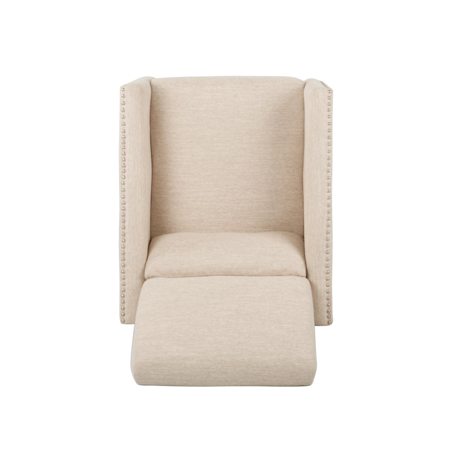 Modern Fabric Upholstered Push-Back Recliner with Footrest, Nailhead Accents, Birch Wood Legs