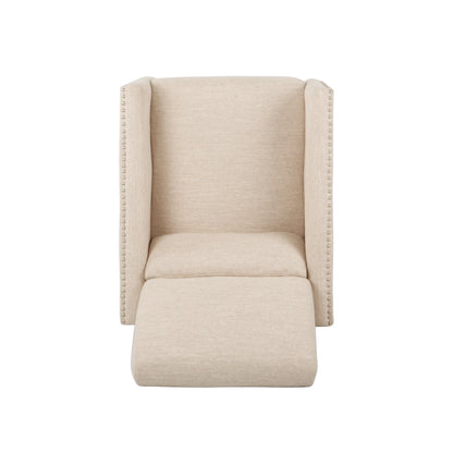 Modern Fabric Upholstered Push-Back Recliner with Footrest, Nailhead Accents, Birch Wood Legs
