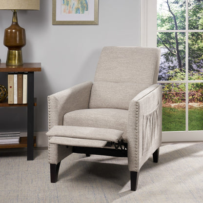 Modern Fabric Upholstered Push-Back Recliner with Footrest, Nailhead Accents, Birch Wood Legs