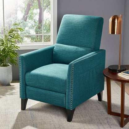 Modern Fabric Upholstered Push-Back Recliner with Footrest, Nailhead Accents, Birch Wood Legs