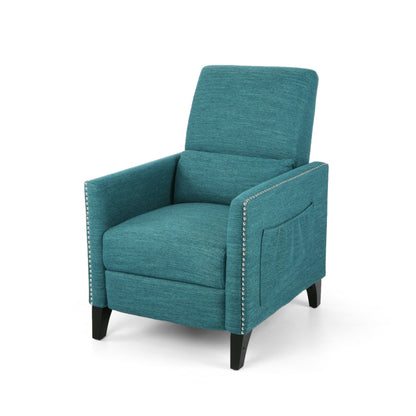 Modern Fabric Upholstered Push-Back Recliner with Footrest, Nailhead Accents, Birch Wood Legs