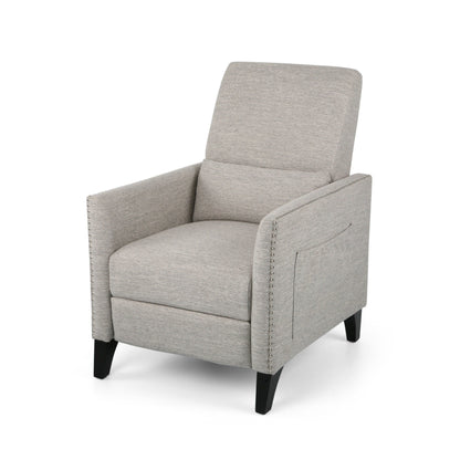 Modern Fabric Upholstered Push-Back Recliner with Footrest, Nailhead Accents, Birch Wood Legs