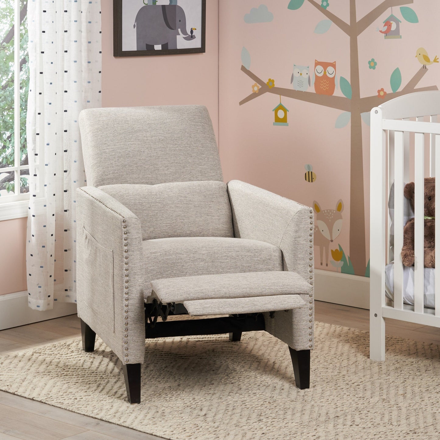 Modern Fabric Upholstered Push-Back Recliner with Footrest, Nailhead Accents, Birch Wood Legs