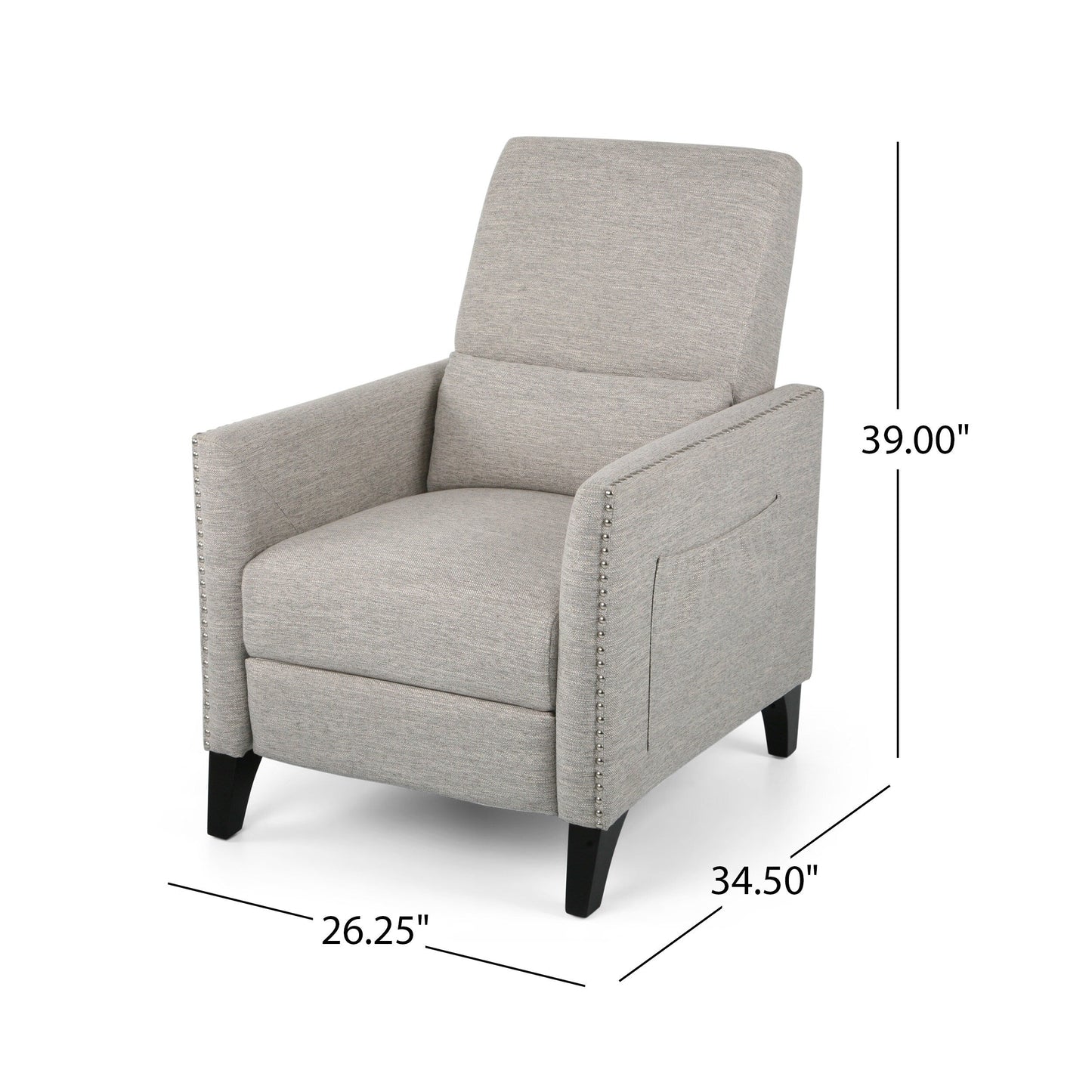 Modern Fabric Upholstered Push-Back Recliner with Footrest, Nailhead Accents, Birch Wood Legs