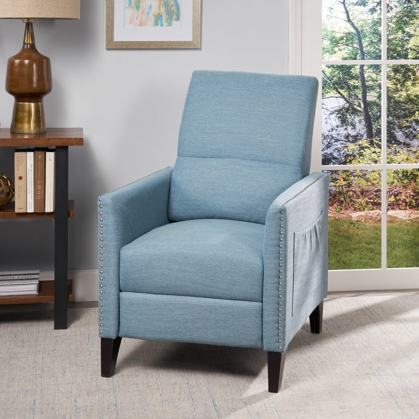 Modern Fabric Upholstered Push-Back Recliner with Footrest, Nailhead Accents, Birch Wood Legs