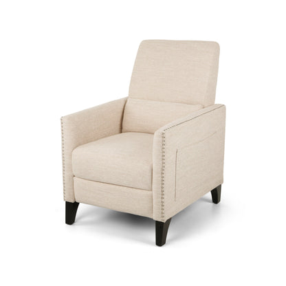 Modern Fabric Upholstered Push-Back Recliner with Footrest, Nailhead Accents, Birch Wood Legs