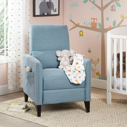 Modern Fabric Upholstered Push-Back Recliner with Footrest, Nailhead Accents, Birch Wood Legs
