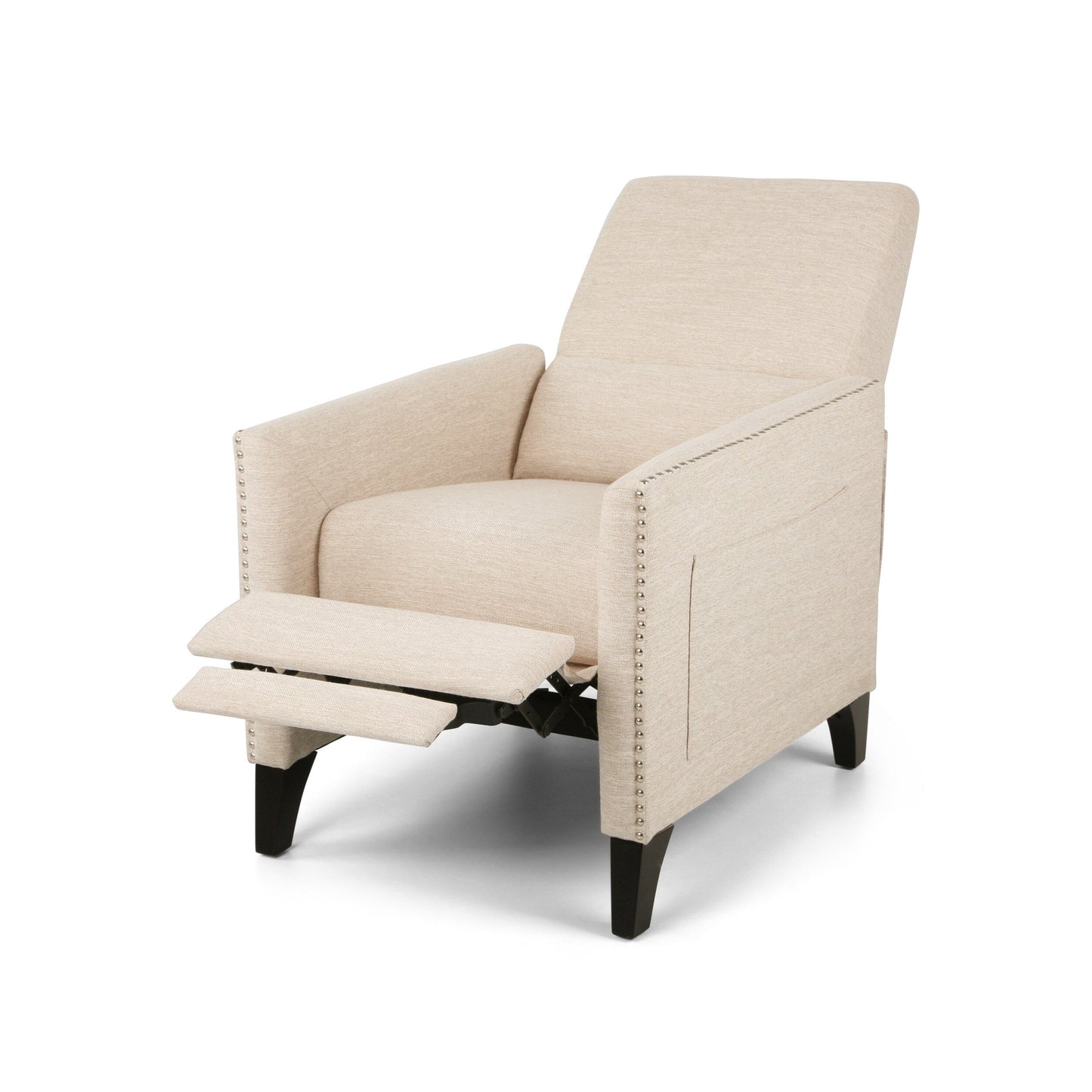 Modern Fabric Upholstered Push-Back Recliner with Footrest, Nailhead Accents, Birch Wood Legs