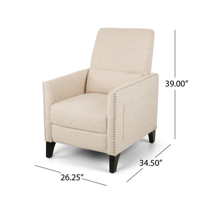 Modern Fabric Upholstered Push-Back Recliner with Footrest, Nailhead Accents, Birch Wood Legs