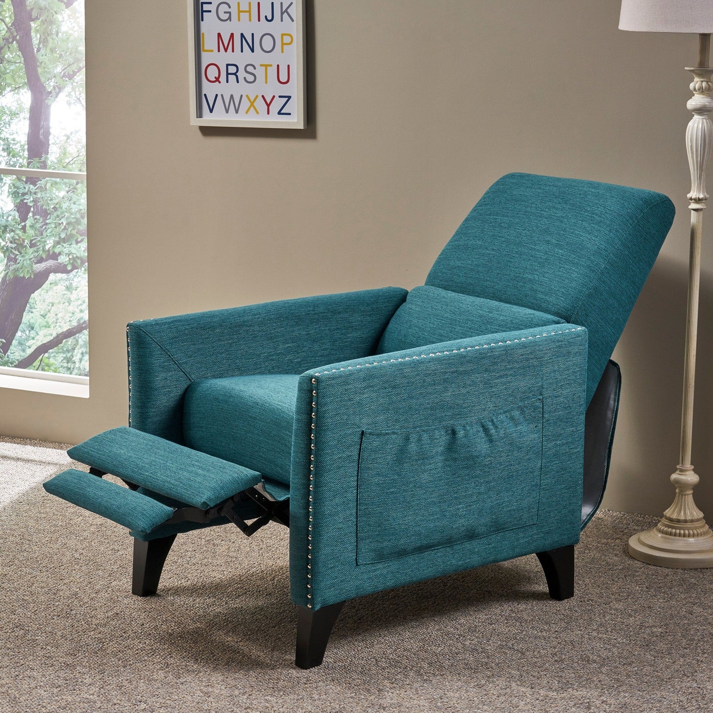 Modern Fabric Upholstered Push-Back Recliner with Footrest, Nailhead Accents, Birch Wood Legs