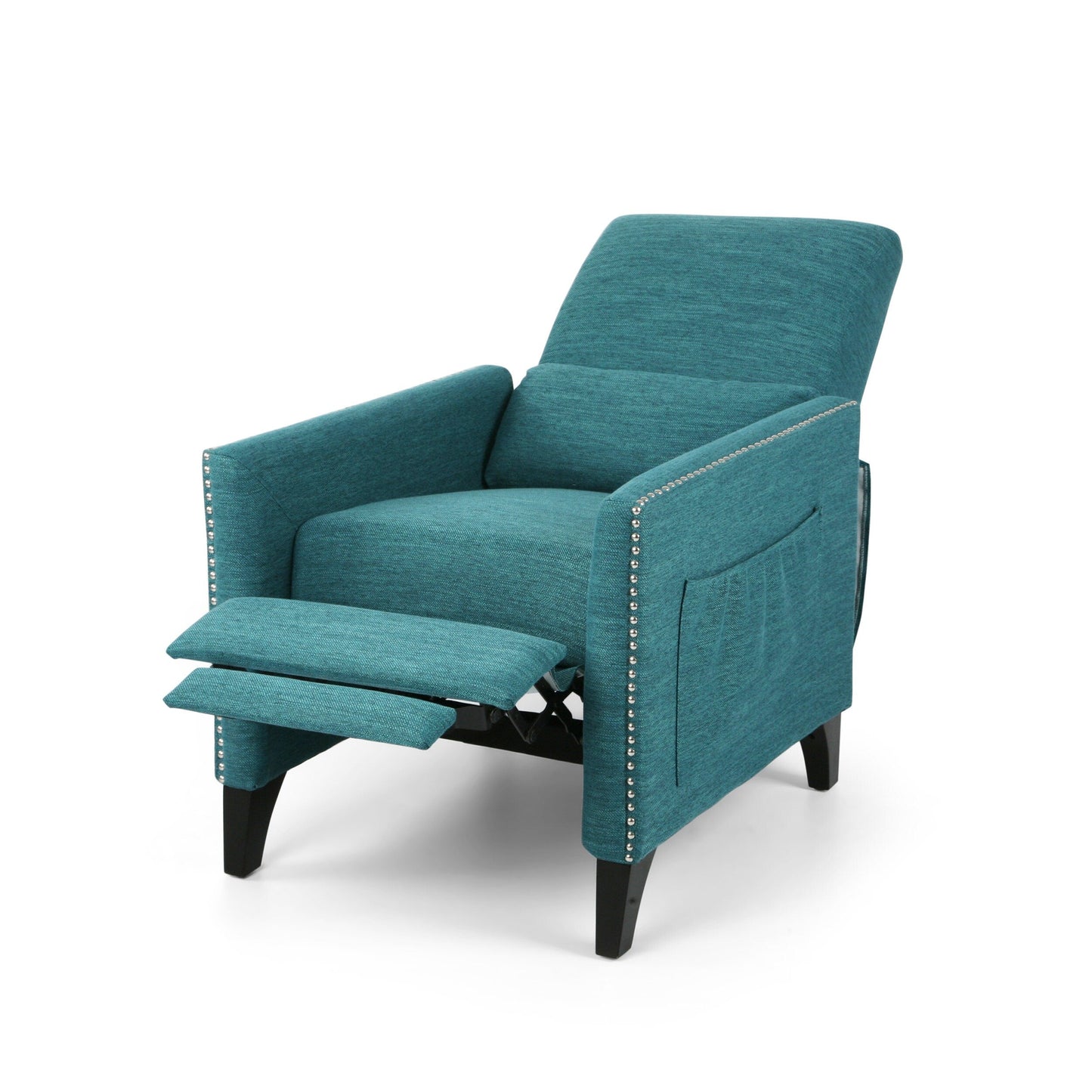 Modern Fabric Upholstered Push-Back Recliner with Footrest, Nailhead Accents, Birch Wood Legs