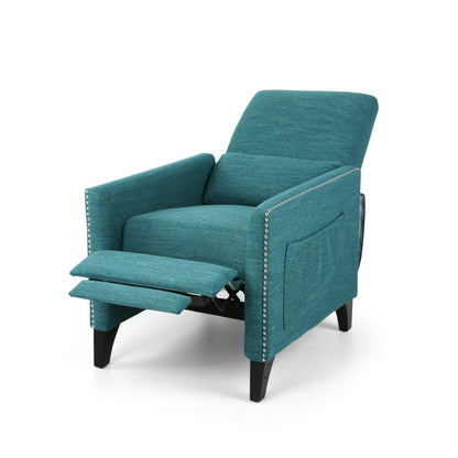 Modern Fabric Upholstered Push-Back Recliner with Footrest, Nailhead Accents, Birch Wood Legs