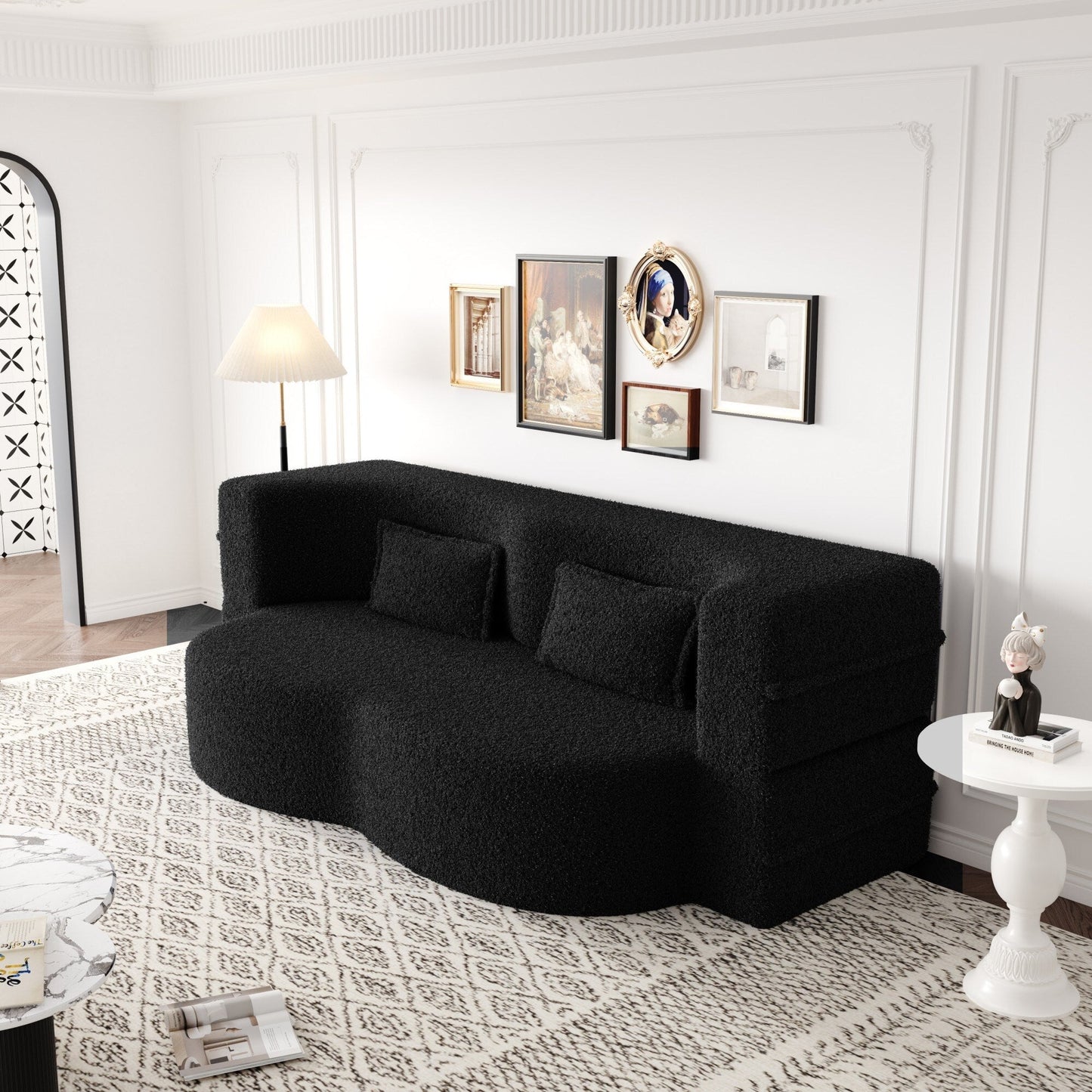 Modern Floor Sofa with 2 Pillows Foam-Filled Sleeper Sofa Bed
