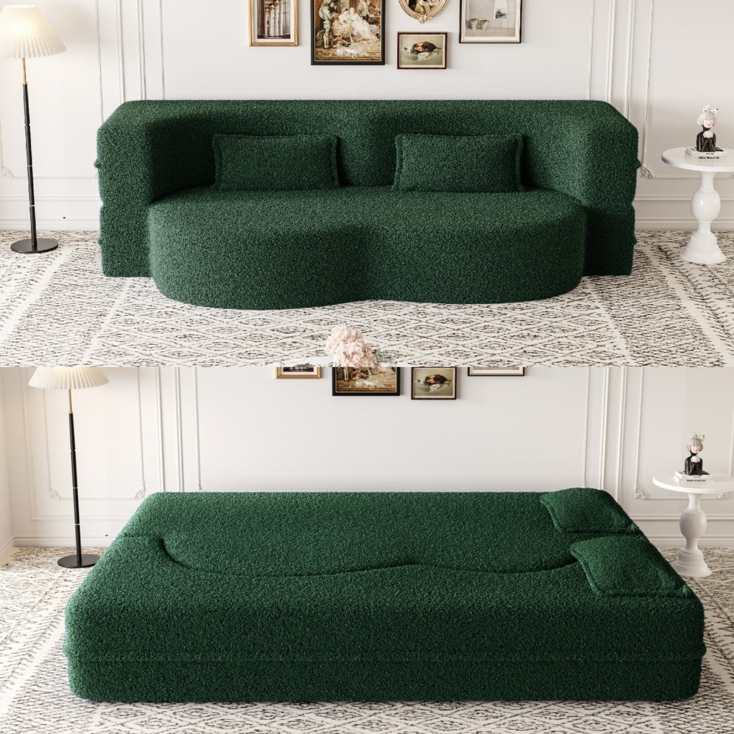 Modern Floor Sofa with 2 Pillows Foam-Filled Sleeper Sofa Bed