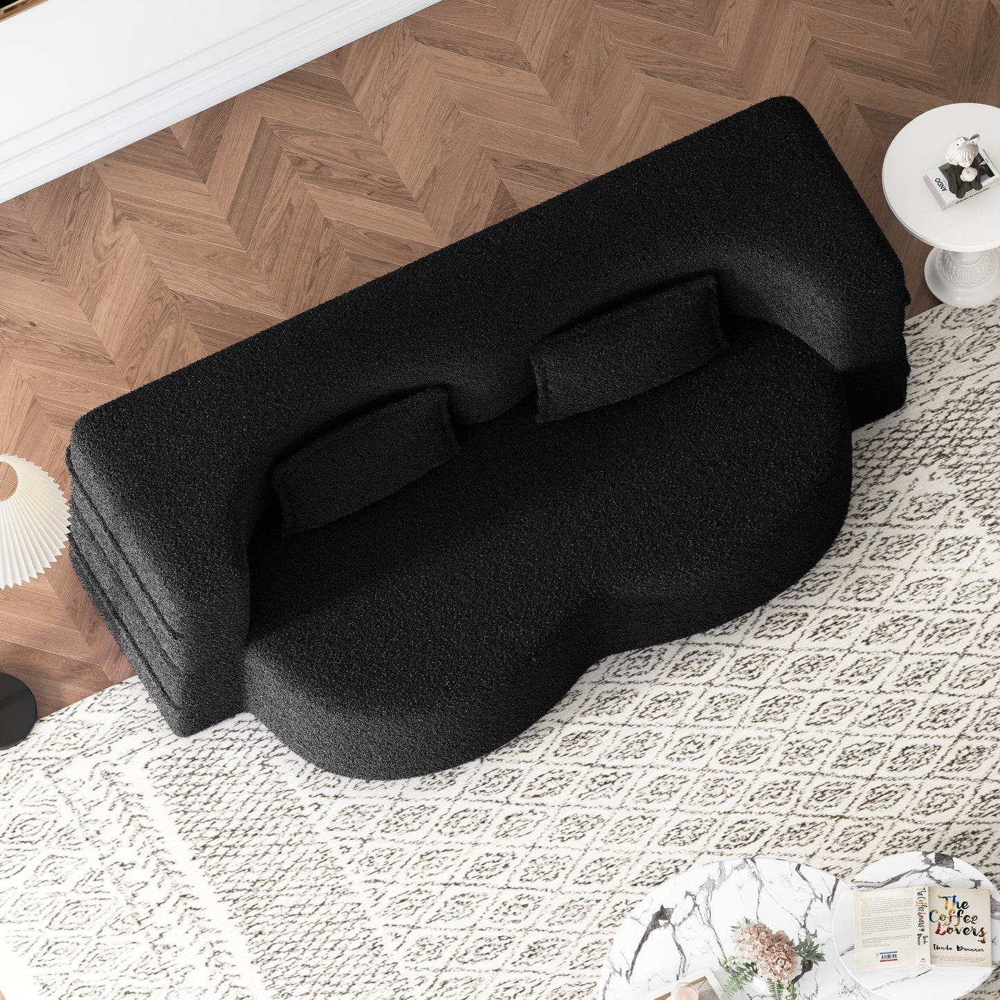 Modern Floor Sofa with 2 Pillows,Convertible Teddy Fabric Foam-Filled Sleeper Sofa Bed,15 Full Size Folding Mattress