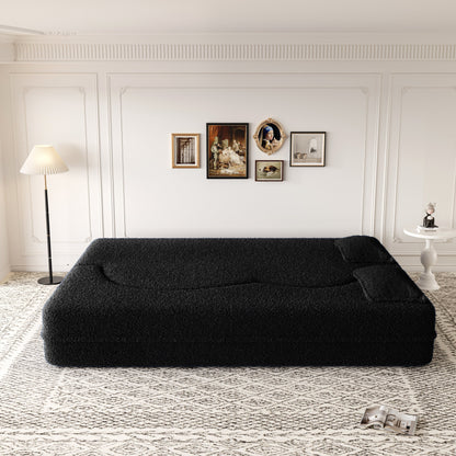 Modern Floor Sofa with 2 Pillows,Convertible Teddy Fabric Foam-Filled Sleeper Sofa Bed,15 Full Size Folding Mattress