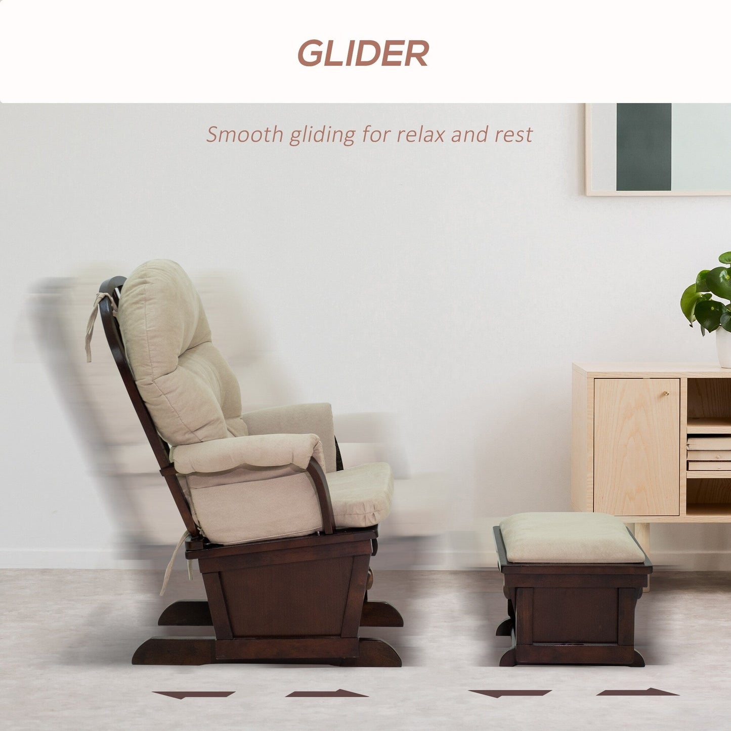 Modern Glider Rocking Chair Linen Upholstery Armchair with Matching Ottoman, Overstuffed Cushioning and Wooden Base