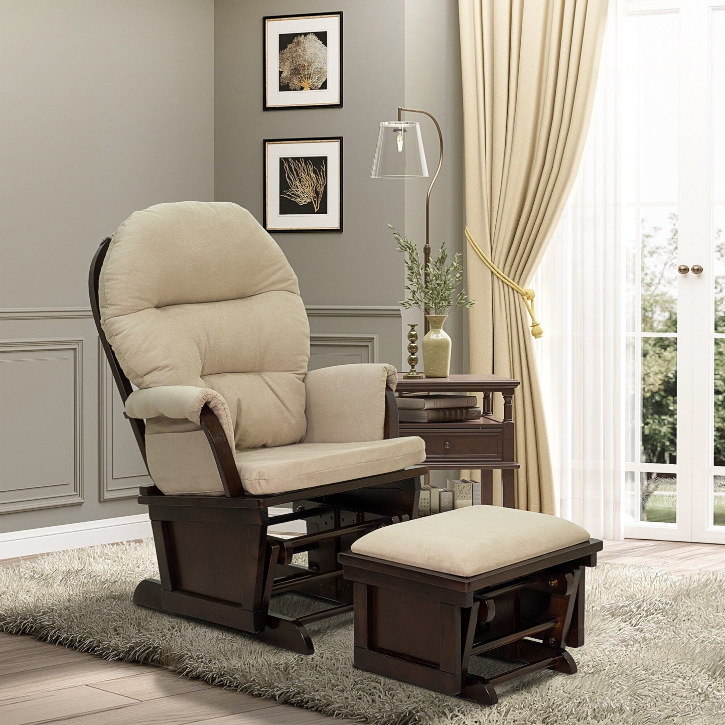 Modern Glider Rocking Chair Linen Upholstery Armchair with Matching Ottoman, Overstuffed Cushioning and Wooden Base