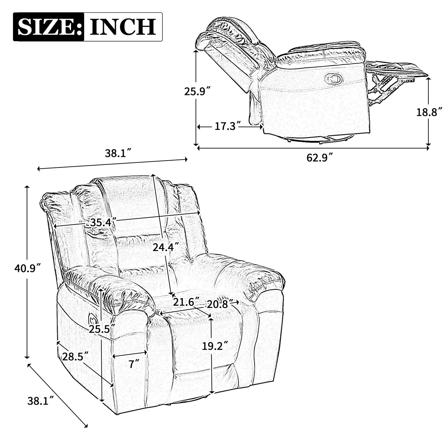 Modern Home Theater Swivel Manual Recliner, Single Sofa Rocking Chair with Wide Armrest and Waterproof Cushions
