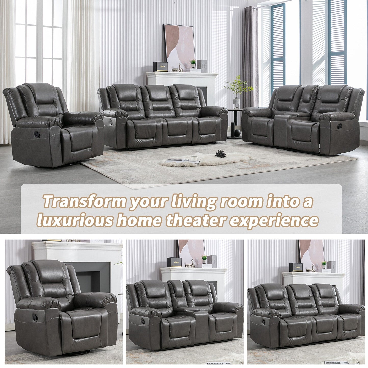 Modern Home Theater Swivel Manual Recliner, Single Sofa Rocking Chair with Wide Armrest and Waterproof Cushions