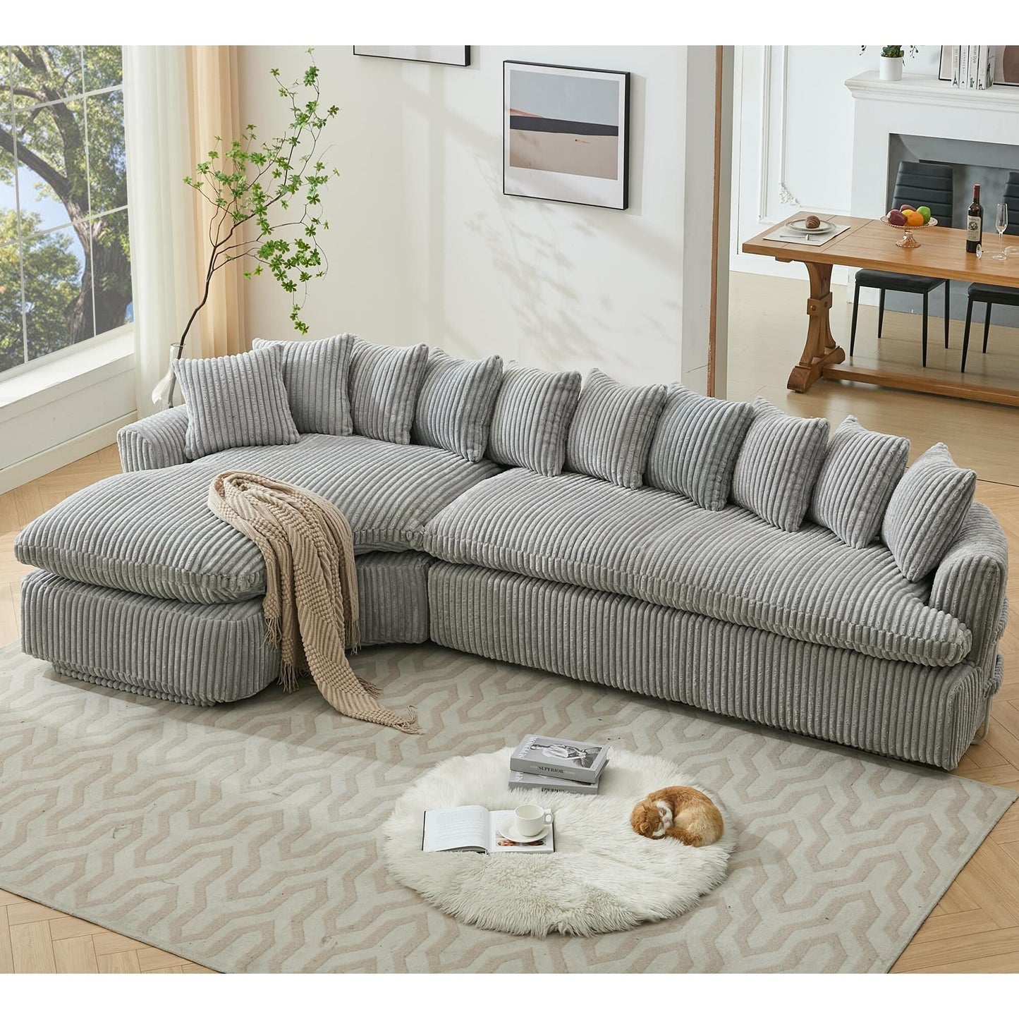 Modern L-Shaped Corduroy 4-Seat Modular Sectional Sofa with Curved Design and Back Cushions for Living Room