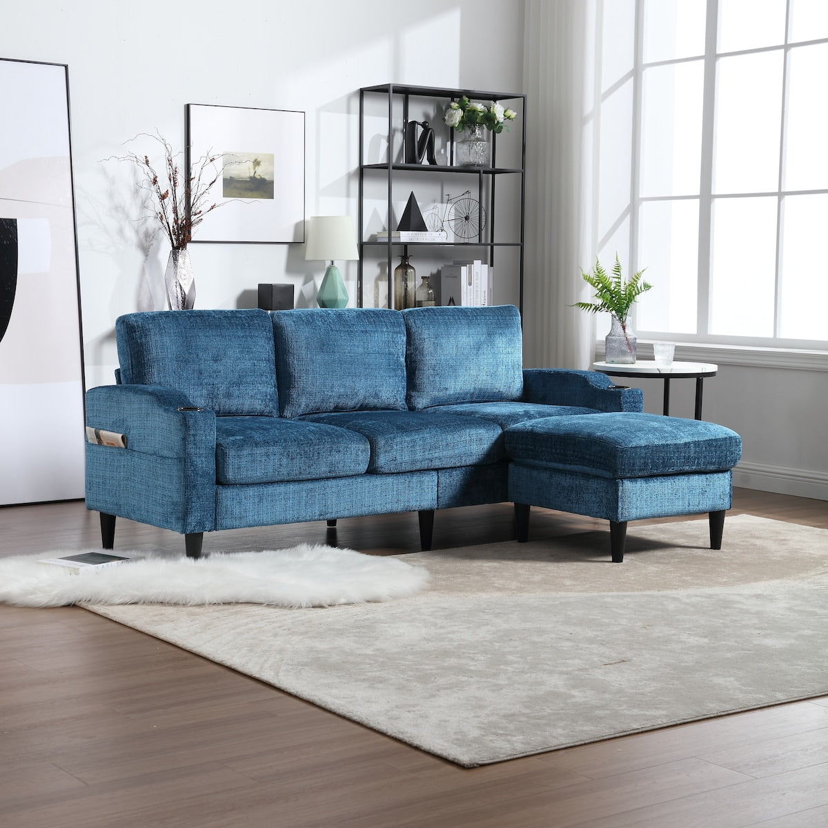 Modern L-Shaped Free-Combined Modular Sofa Couch With Storage Ottoman,Pillows,Cup Holders,Side Pockets, 3 Seat