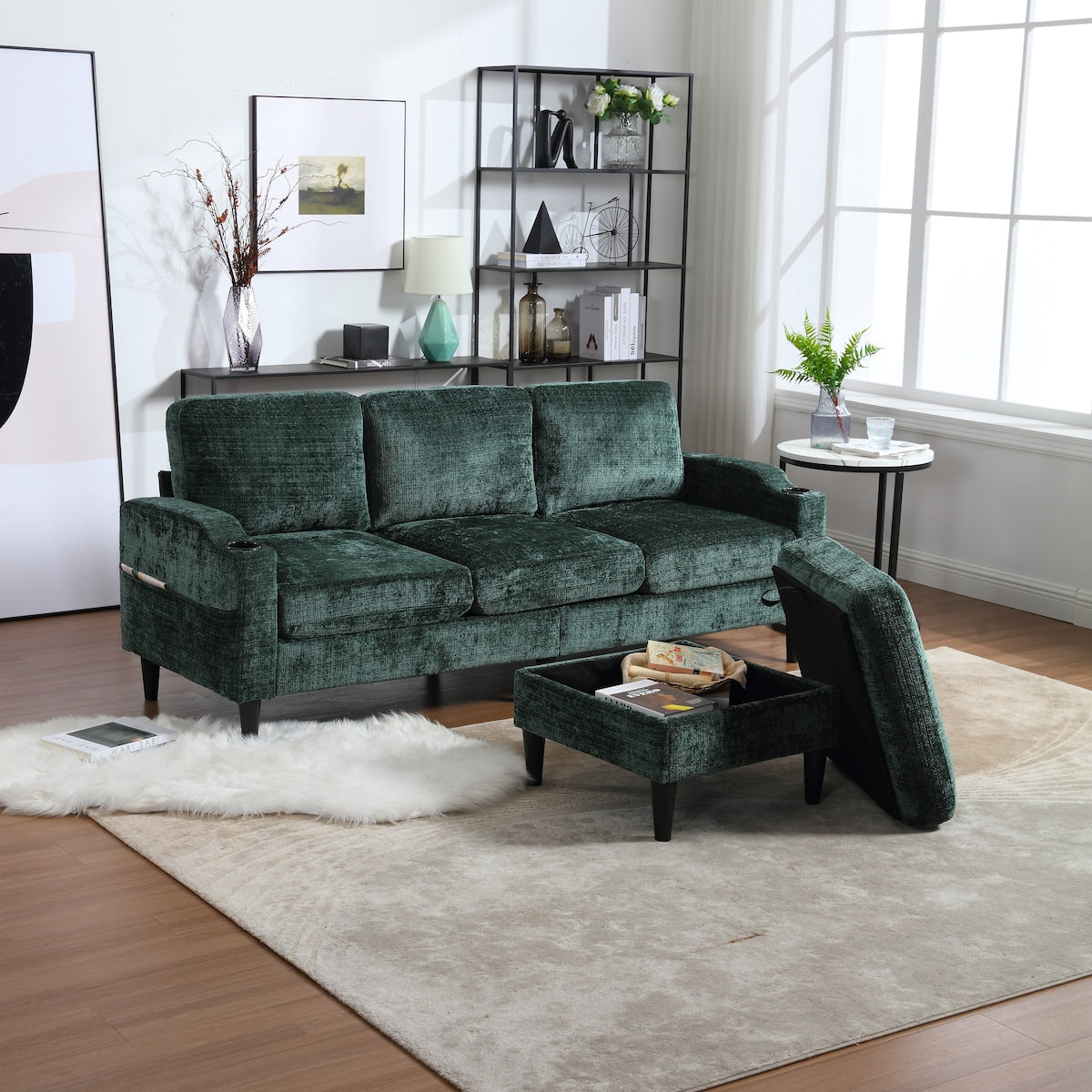 Modern L-Shaped Free-Combined Modular Sofa Couch With Storage Ottoman,Pillows,Cup Holders,Side Pockets, 3 Seat